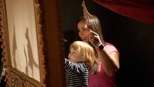 A mother and child play with silhouette puppets
